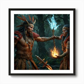 Two Indian Warriors In The Forest Art Print