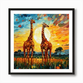 Giraffes At Sunset 21 Art Print