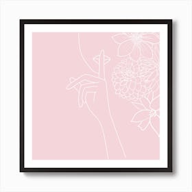 Pink Minimal Line Art Girl With Flowers Art Print