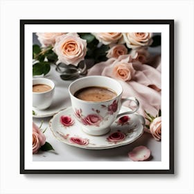 Cup Of Coffee With Roses 3 Art Print