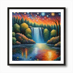 Enchanted Forest Waterfall - Surreal Sunset Landscape Canvas Print | Starlit Sky Reflection Home Decor wallArt Art Print