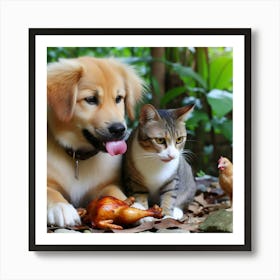 Cat And Dog Eating Chicken Art Print