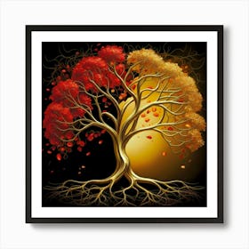 Template: Half red and half black, solid color gradient tree with golden leaves and twisted and intertwined branches 3D oil painting 1 Art Print