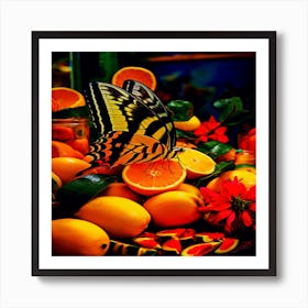 Close up on butterfly near fruits, Butterfly On Oranges Art Print