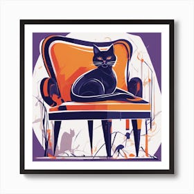 Drew Illustration Of Cat On Chair In Bright Colors, Vector Ilustracije, In The Style Of Dark Navy An (3) Art Print