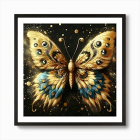 Gold Butterfly on Black Background Art: Elegant Wall Decor with Metallic Accents Art Print