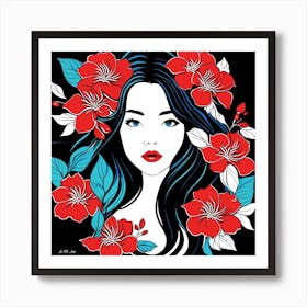 Color Portrait Illustration Of A Exotic Beauty With Red And Blue Flower Decoration Art Print