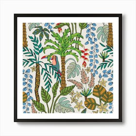 COLOURING BOOK JUNGLE Floral Doodle Tropical Palm Trees Monstera Plants Toucan Line Drawing in Retro 70s Colors Art Print