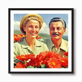 Old Couple In Flower Field Art Print