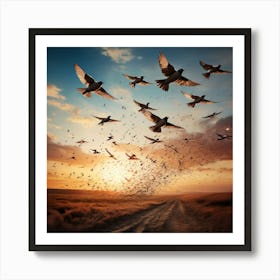 Pigeons In Flight, A Flock Of Birds Transforming Into Paper Planes Symbolizing The Journey From Freedom To Exploration , Pigeons In Flight Art Print