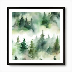 Appalachian Mountains of Misty Pines Watercolor Print of Evergreen Forest..360 Art Print