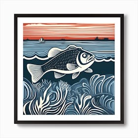 Linocut Bass Fish Art Print