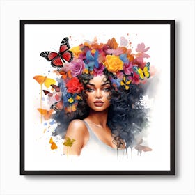 Maraclemente Black Woman Watercolors With Colorful Flowers And Art Print