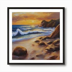 The sea. Beach waves. Beach sand and rocks. Sunset over the sea. Oil on canvas artwork.1 Art Print