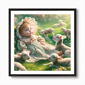 Little Lambs and a girl Art Print