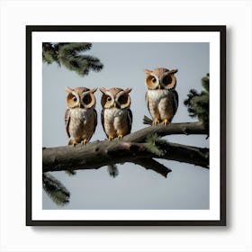 Three Owls On A Branch Art Print