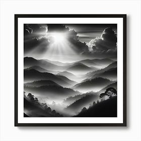 An Evocative Black And White Digital Landscape Featuring Rolling Foggy Hills Using Only Shades Of Monochrome To Highlight Light, Shadows, And Textures For Added Atmospheric Effects 3 Art Print