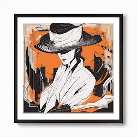 A Silhouette Of A Man Wearing A Black Hat And Laying On Her Back On A Orange Screen, In The Style Of (7) Art Print