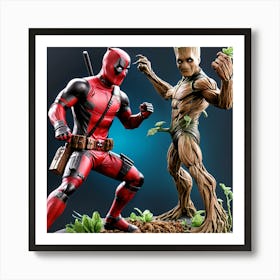 Deadpool Fighting Groot Hyper Realistic Art Print