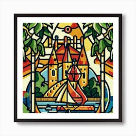 Image of medieval stained glass windows of a sunset at sea 12 Art Print