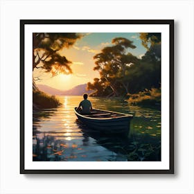 Man In Old Boat Relaxing In Big Lake Sun Going Down On Hirision Pale Blue Water Olive Green Trees Art Print