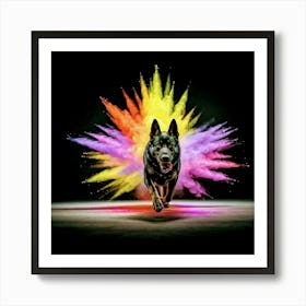 Dog Running Through Colorful Powder Poster