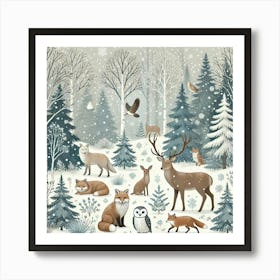 Winter Wildlife In Snowy Forest Printed Art A Serene Illustration Of Winter Wildlife In A Peaceful Snow Covered Forest, Perfect For Bringing The Beauty Of Nature And The Calm Of Winter Into Any Sp Art Print