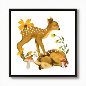 Woodland baby deer and flowers Art Print