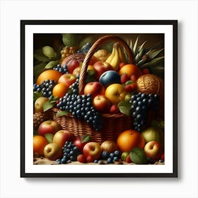 An Ultra Detailed Hyperrealistic Digital Painting Of A Fruit Basket With Impeccable Attention To Textures, Surfaces, And Lighting To Give Depth, Dimension, And Photoreal Look Art Print