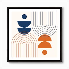 Mid Century Modern Geometric Abstract Rainbow, Sun and Moon Phases in Navy Blue Classy Burnt Orange Art Print