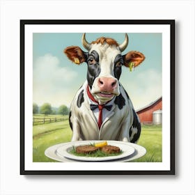 Cow Holding A Plate Art Print