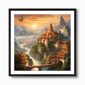 Dragons Flying Over A City Art Print