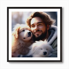 Portrait Of A Man Hugging His Dogs Art Print