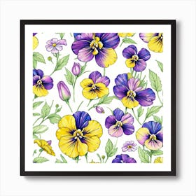 Pansies Watercolor Flowers Seamless Pattern  Art Print