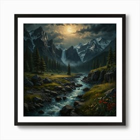 Mountain Stream At Night Art Print