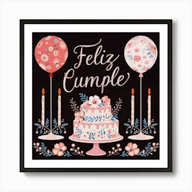 Feliz cumple and Feliz cumpleaños sign means Happy Birthday in Spanish language, Birthday party celebration gift with birthday cake candle colorful balloons best congratulation over light background wall artFeliz Cumple 15 Art Print