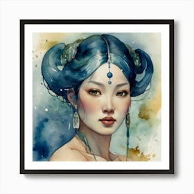 Blue Haired Woman The Magic of Watercolor: A Deep Dive into Undine, the Stunningly Beautiful Asian Goddess Art Print