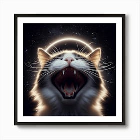 This is an image of a cat with its mouth wide open and its eyes closed in an expression of pure bliss. The cat is surrounded by a glowing halo and is set against a background of stars. The image is both beautiful and thought-provoking, and it invites viewers to consider the nature of cats and their place in the universe. Art Print