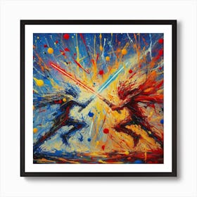 Star Wars Painting, Lightsaber Symphony: A Duel in Color and Chaos 1 Art Print