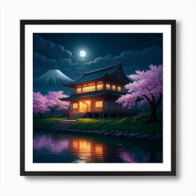 Japanese Pagoda At Night Art Print