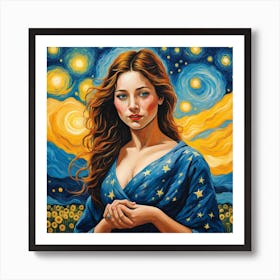 Beautiful Lady with Starry Night Art Print