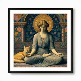 Meditating Woman With Cat 4 Art Print