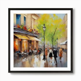 Paris Street Scene Paris city, pedestrians, cafes, oil paints, spring colors. 1 Art Print