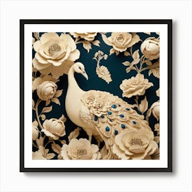 Cream Vintage Floral Peacock Wallpaper Art Print 2 Art Print