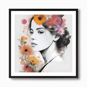 Portrait Of A Woman With Flowers 1 Art Print