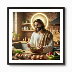 Jesus cooking a meal in a cozy modern kitchen 4 Art Print