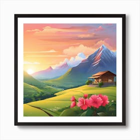 Landscape With House And Flowers Art Print