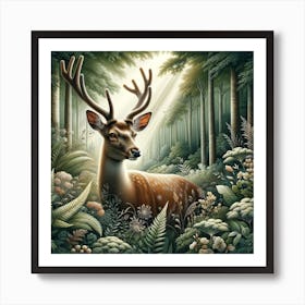 "Forest Monarch: The Stag's Serenity" exquisitely captures the gentle majesty of the stag amidst a lush woodland. This piece brings forth the beauty of nature, highlighting the stag's poise and the forest's tranquil splendor. Ideal for nature enthusiasts and art collectors alike, this image serves as a daily reminder of the serene and grounding presence of the natural world. Let "Forest Monarch: The Stag's Serenity" be a focal point in your space, inviting a sense of peace and a breath of fresh forest air into your home or office. Art Print