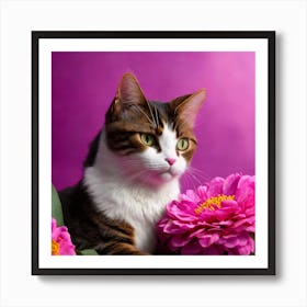 Cat With Flowers Pink and Fuchsia Art Print
