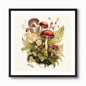 Russulas in the undergrowth - mushroom art print - mushroom botanical print Art Print